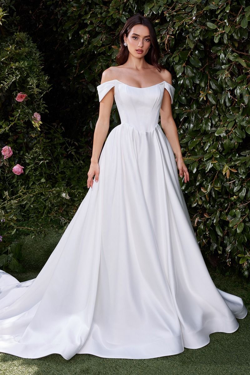 Off-Shoulder Satin Corset Wedding Gown with Flowing A-Line Skirt CDCDS513W-0